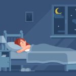 Lady sleeping at night. Woman sleep in bed under duvet cartoon vector concept